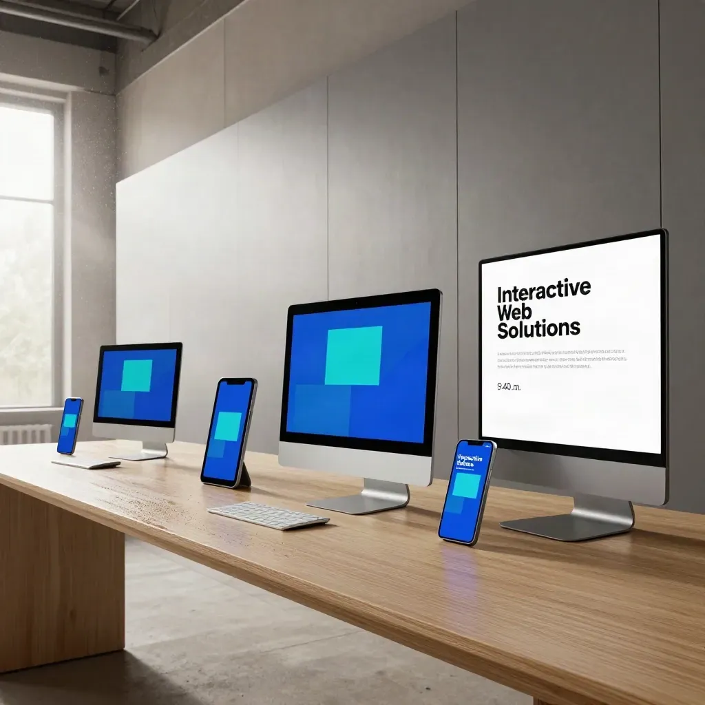 Rainy studio loft with tablet, phone, and prototype wall glowing with web design interfaces.