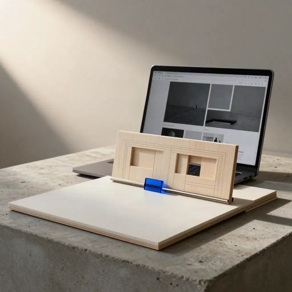 Web design moodboard with tiles, laptop, and wood façade in a bright studio.