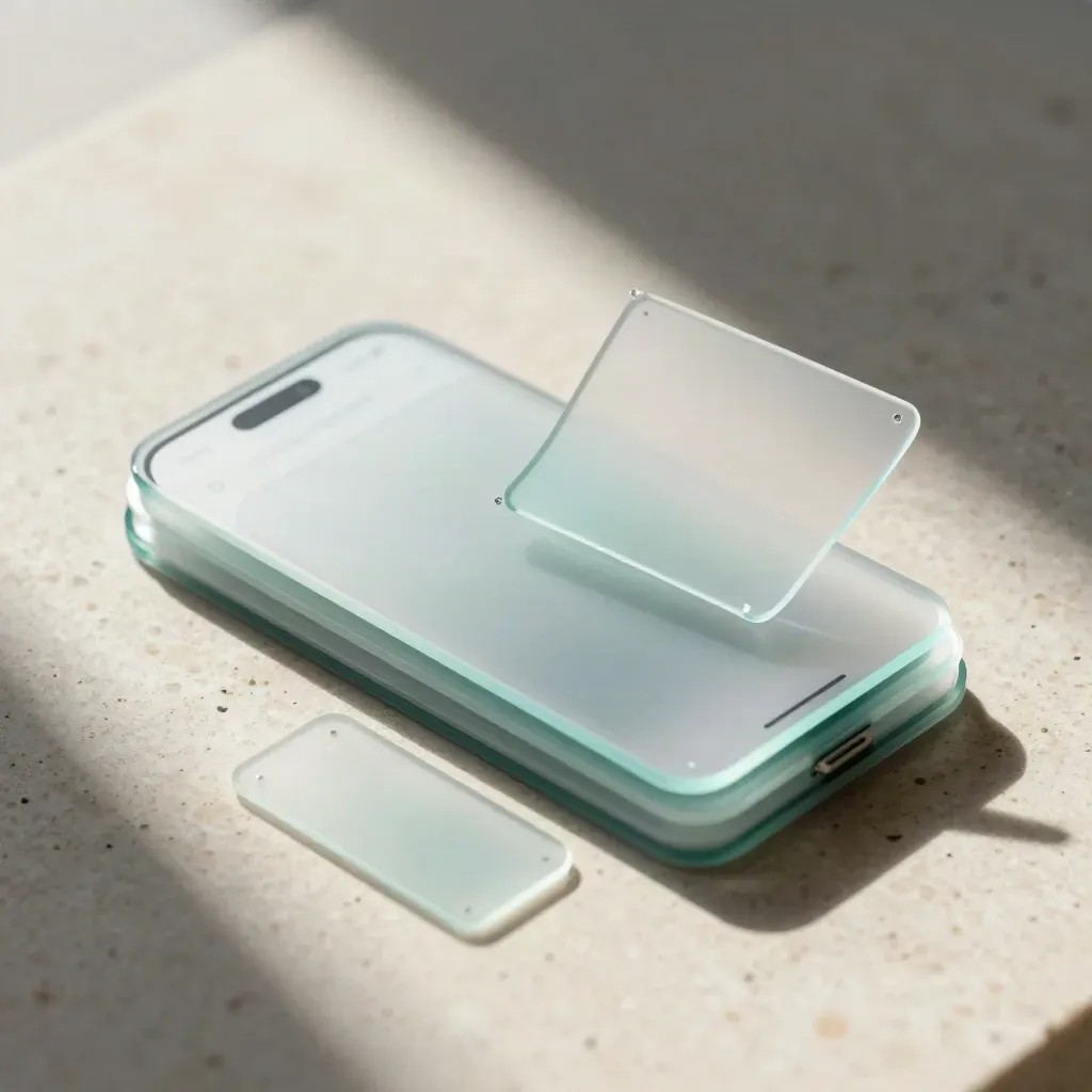 Translucent UI prototype cards and a small mockup sliding across travertine stone