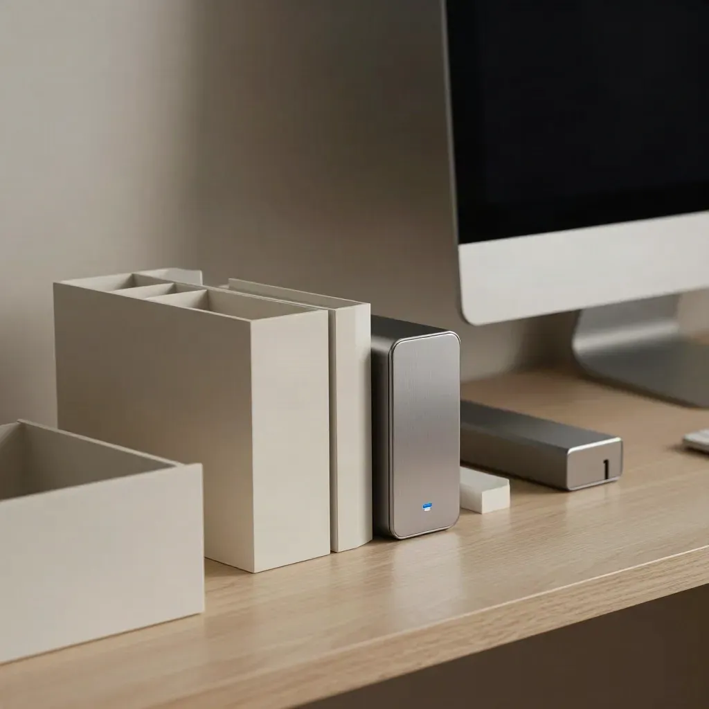 CMS content modules, external drive, and monitor on a shelf in moody studio light.