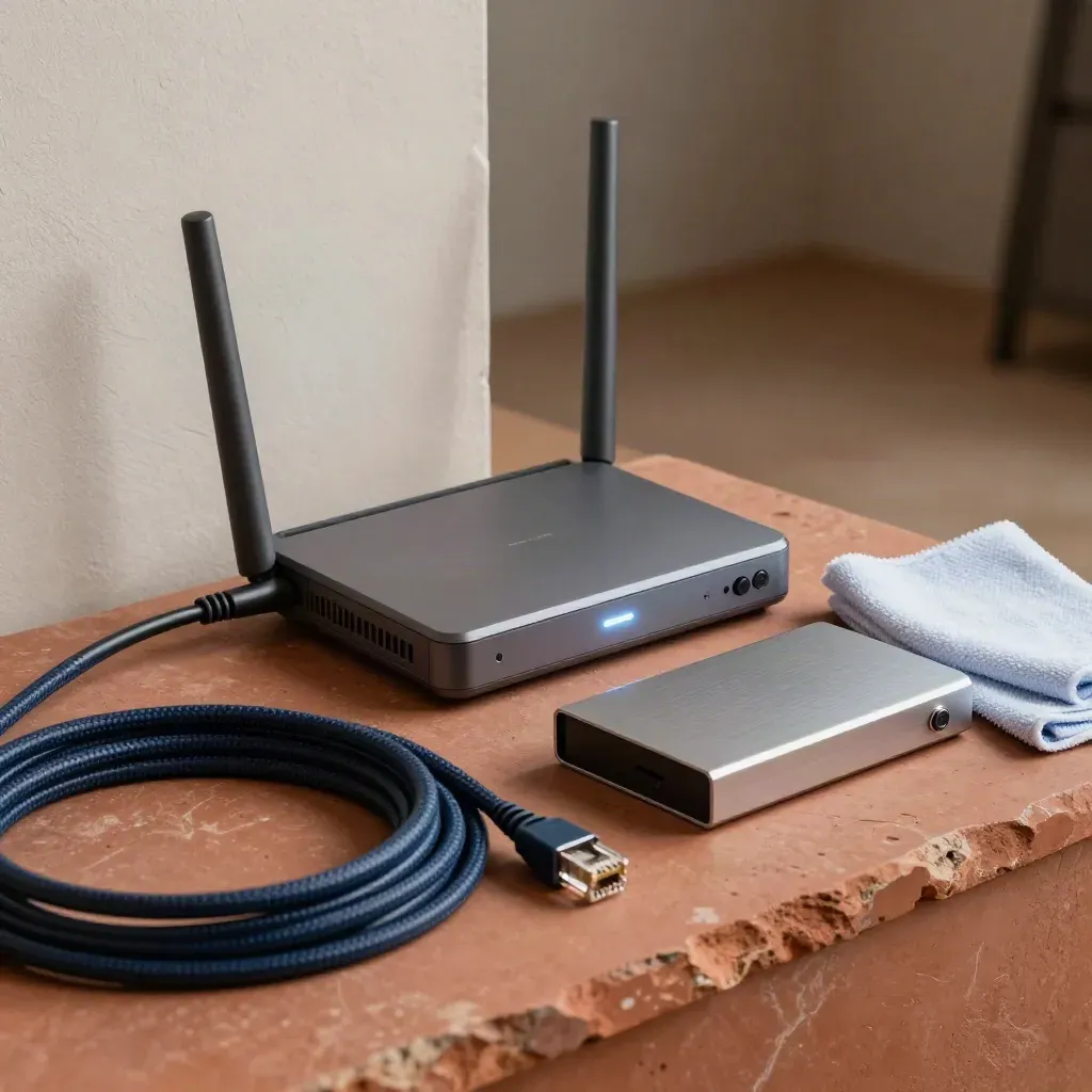 Router, backup drive, and glowing diagnostic light on a stone slab in a quiet server alcove.