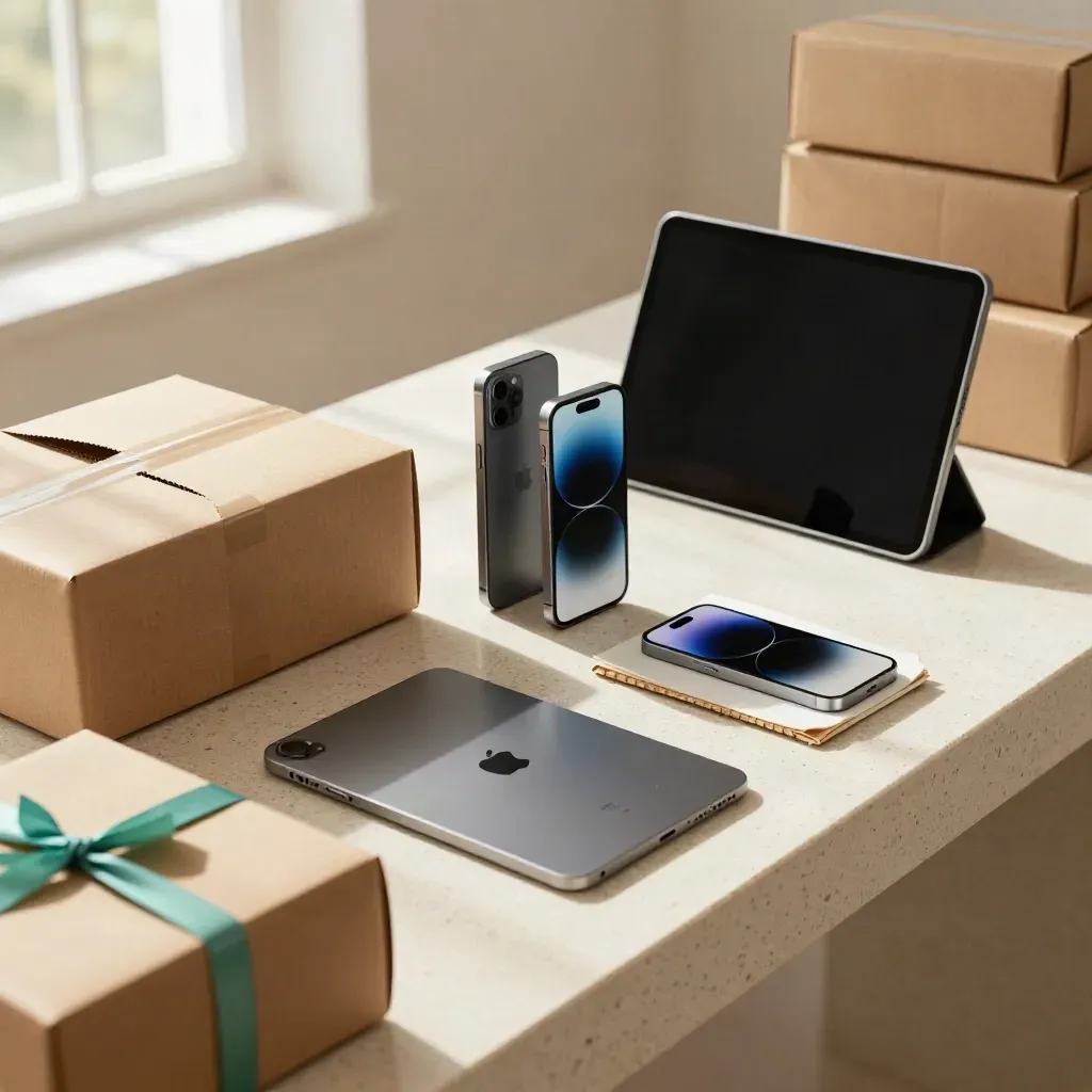Retail launch devices beside kraft parcels in warm studio light