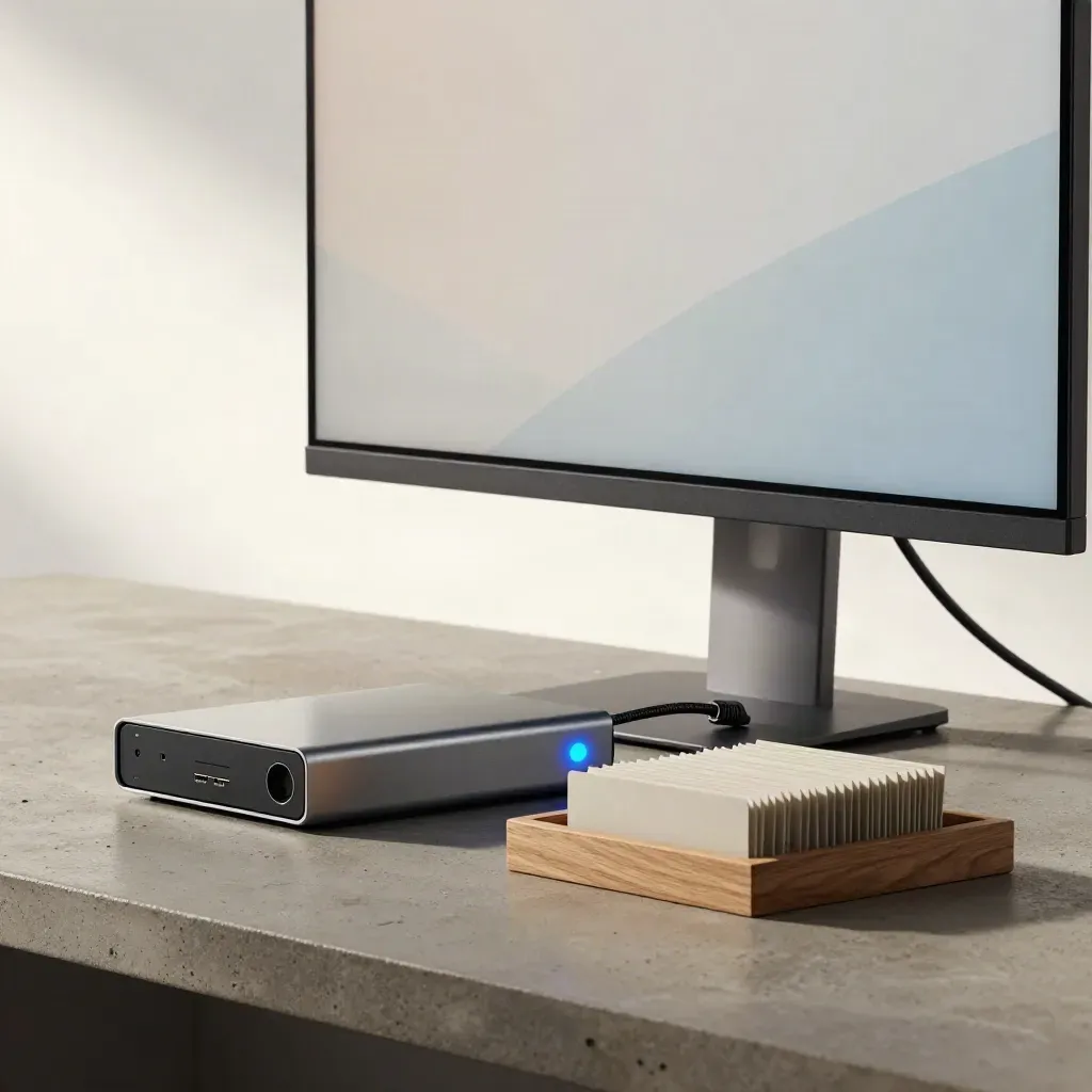 Silent CMS monitor, backup drive and face-down file cards in a bright modern studio bay.