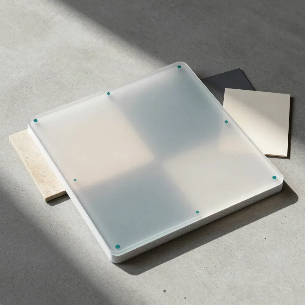 Overhead flatlay of wireframe mockup panes, teal dots, and concrete surface