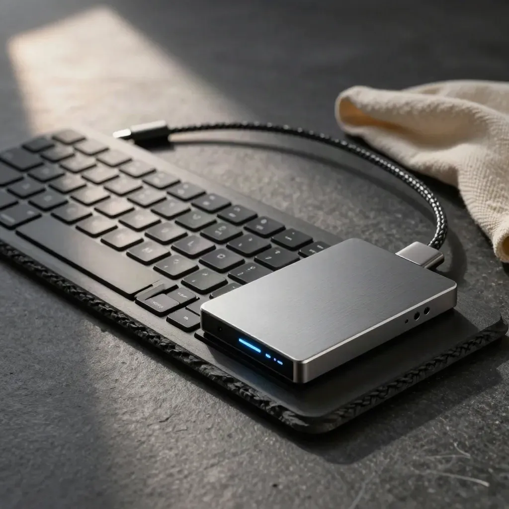 Slate tray with keyboard cluster, cable, SSD and hub under soft side light