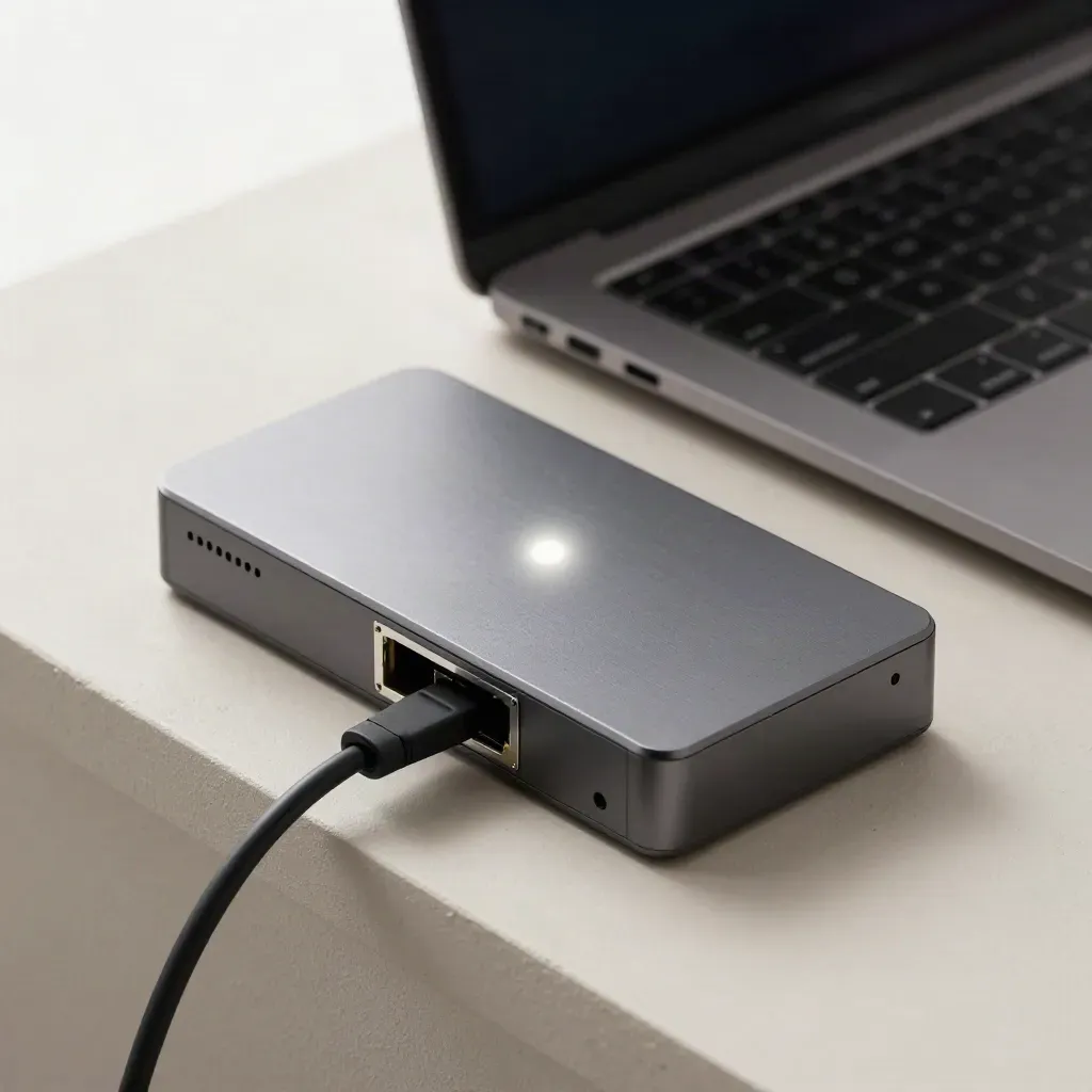 Network switch, backup drive, glowing status node, and closed laptop on an off-white shelf