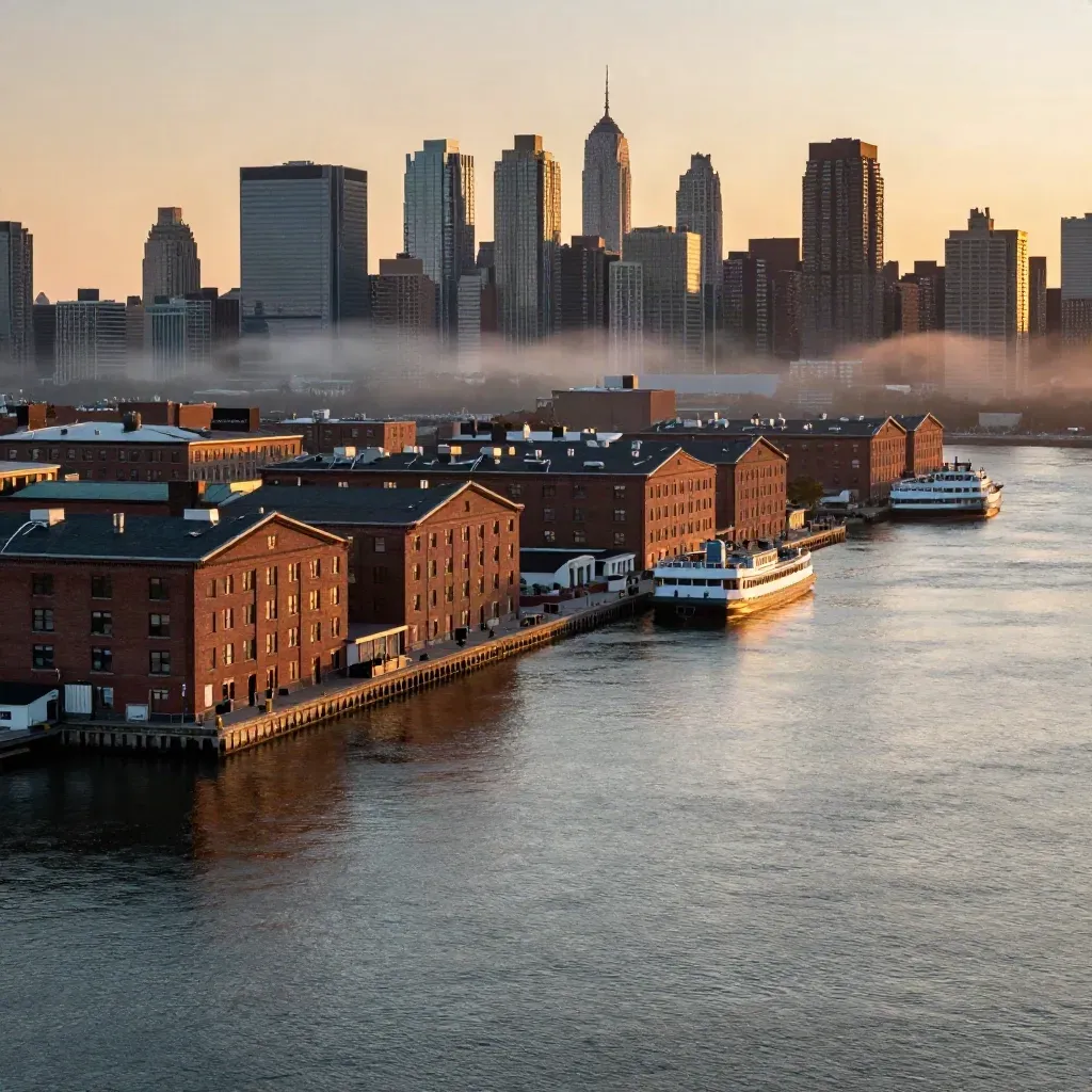Golden-hour Hudson waterfront with Jersey City, Hoboken, and Manhattan beyond.